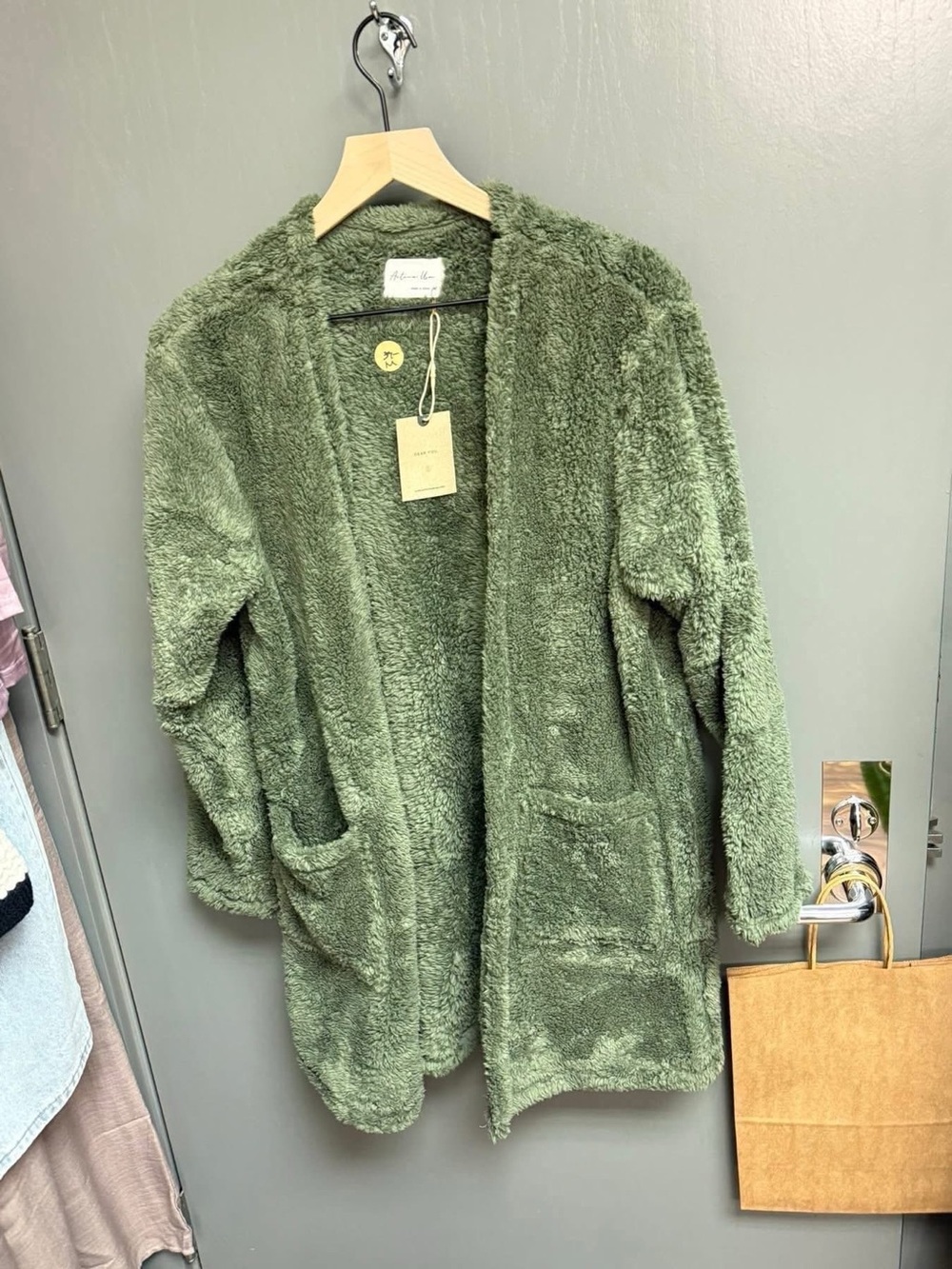 Cozy Olive Green Plush Open Cardigan